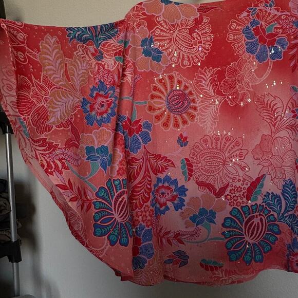 Bob Mackie Wearable Art sequin floral caftan top XS pink red blue dolman - Picture 6 of 13